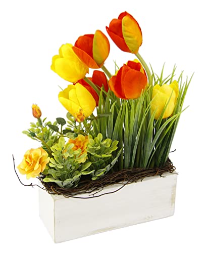 Gesteck aus Tulpen Wildrosen und Gras im Topf aus Holz Künstliches Kunstblume Unechte Gefälschte Tulpe Reisig Deko Blumen Osterdeko Frühjahrsdekoration Tischdeko Frühjahr Floristik Blumendeko von Flair Flower