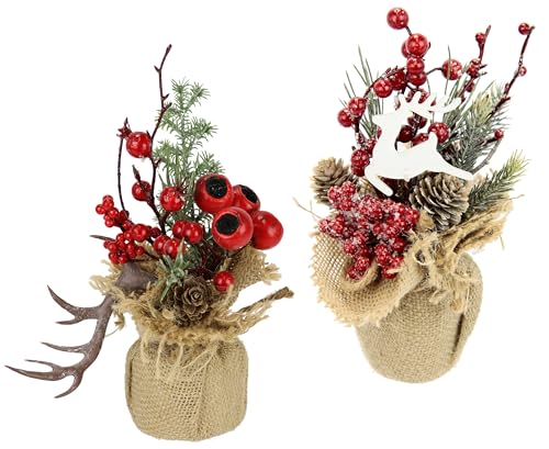 Gesteck mit Tanne Beeren und Elch Geweih im Jute-Topf Kunstblume Künstliche Weihnachtsblume Winterblume Blume Pflanze Zweige Arrangement Weihnachtsdeko Tischdeko Tannengesteck Blumenschmuck 2er Set von Flair Flower