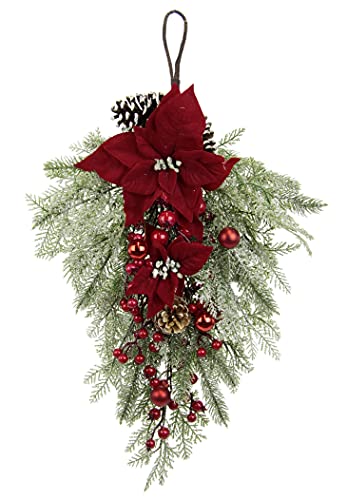 Hängende Blumendeko mit künstlicher Poinsettia Tanne Zapfen Beeren für Tür oder Wand Hänger Wandhänger Hängende Deko Girlande Wanddekoration Weihnachtsstern Dekoration Weihnachtsdeko Kunstblumen von Flair Flower