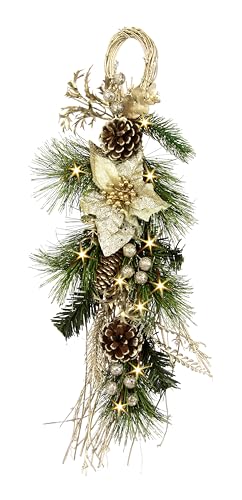 Hängende Tannendeko mit Weihnachtsstern Dekozweige Zapfen LED-Lichterkette Tannengebinde Tannenzweige Hänger Wandhänger Hängende Deko Girlande Wanddekoration Dekoration Weihnachtsdeko Kunstblumen von Flair Flower