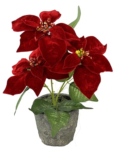 Künstliche Blume Poinsettia mit 3 Blüten im Topf Weihnachtsstern Christstern Weihnachtsdeko Weihnachtsblume Kunstblume Weihnachtliche Einzelblume Zweig X'Mas Strauß Geschenk Deko Adventsstern von Flair Flower