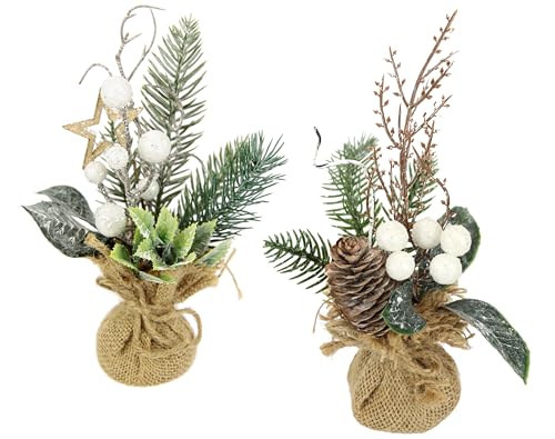 Künstliche Mini Weihnachtsbäume mit Beeren Zapfen Stern Tannenzweige im Jute-Topf 23cm 2er Set Gesteck Kunstblume Winterblume Blume Pflanze Zweige Weihnachtsdeko Tischdeko Tannengesteck Blumenschmuck von Flair Flower