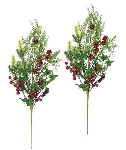 Künstlicher Beerenzweig Deko Zweig mit Beeren Zapfen Efeu Tannenzweige 2er Set 50cm groß AST Blumen künstlich Äste für Adventskränze Girlanden Weihnachtsdeko Floristik Kunstblume Kunstzweig, 50 cm von Flair Flower