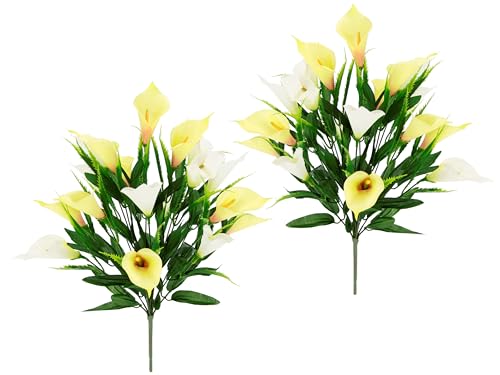 Künstlicher Blumenstrauß Calla Seidenblumen Kunstblumen Unechte Blumen Dekoblumen Bouquet Blumenstrauß für Hochzeit Draußen Garten Balkon Haus Topf Grabdeko Friedhofdeko Tischdeko, 2er Set von Flair Flower