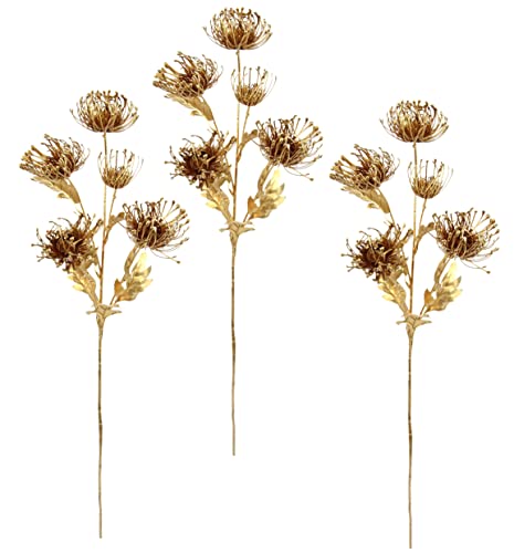 Flair Flower Mini Distelzweig Gold Metallic 3er Set Kunstzweig Pflanze Edeldistel Zweig Weihnachtsdeko Einzelblume Winterblume Kunstblumen Blumen Plastikblumen Kunstpflanze AST,021136GO,75x14x10 cm von Flair Flower