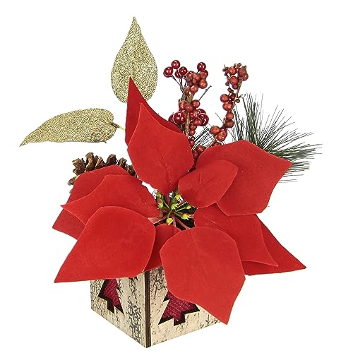 Flair Flower Künstlicher Weihnachtsstern Tanne Beeren Zapfen im Topf Gesteck Poinsettia Christblume Tischschmuck Kunstpflanze Weihnachtsgesteck Dekopflanze Dekoblume Deko, Rot, 26x15x15 cm, 242733R von Flair Flower