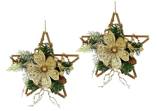 Rattan-Stern Dekoriert Mit Magnolie, Zapfen, Tannenzweige, Beeren, Christbaumkugel, Dekozweige - Weihnachtsdeko Zum Hängen - Türdeko, Wanddeko, Holz-Stern - 2er Set von Flair Flower