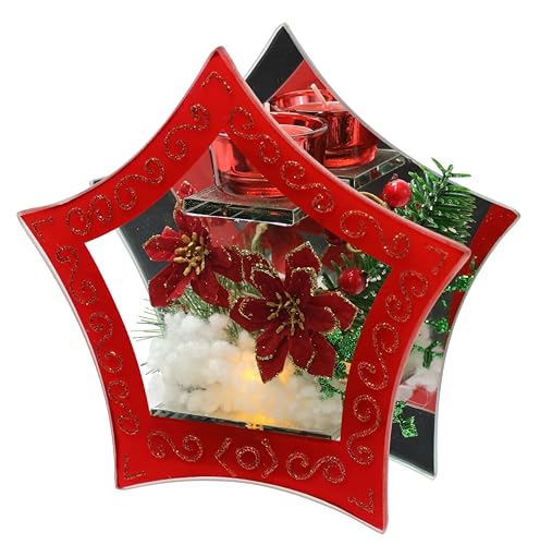 Teelichthalter aus Glas mit LED Licht und Teelichtkerze mit Christstern Beeren Tannenzweige Kunstschnee Weihnachtsdeko Dekoobjekt Tannenbaum Kerzenhalter Lampe Dekoration Geschenk Ornamente 3D Bild von Flair Flower