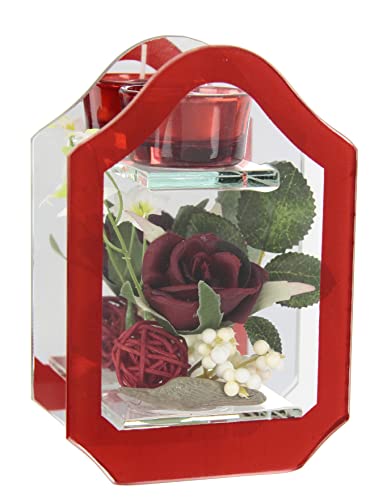 Flair Flower Kerzenhalter aus Glas mit Teelicht-Kerze und künstlichen Rosen - Romantische Deko für Feierlichkeiten und Hochzeiten - Rot, Polyester, Glas, Wachs von Flair Flower