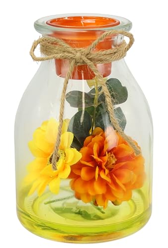 Teelichthalter aus Glas mit Teelichtkerze herbstlich dekoriert mit Pilze Eichhörnchen Herbstlaub 16cm Deko Kunstblumen Kerzenständer Kerzenhalter Tischdeko Kerze Windlicht Lampe, Sonnenblume von Flair Flower
