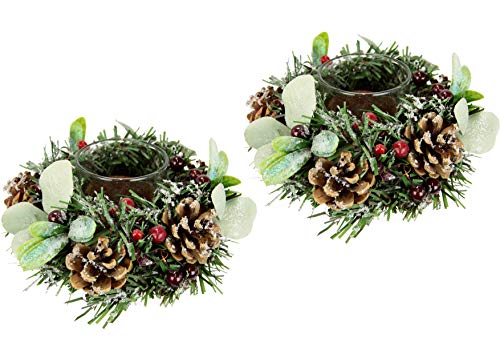 Teelichthalter dekoriert mit künstlichen Beeren Zapfen geeist mit Kunstschnee und Glas 2erSet Windlicht Kerzenhalter Kerzenhalter Kranz Teelicht Weihnachtsdeko Weihnachtskranz Adventskranz von Flair Flower