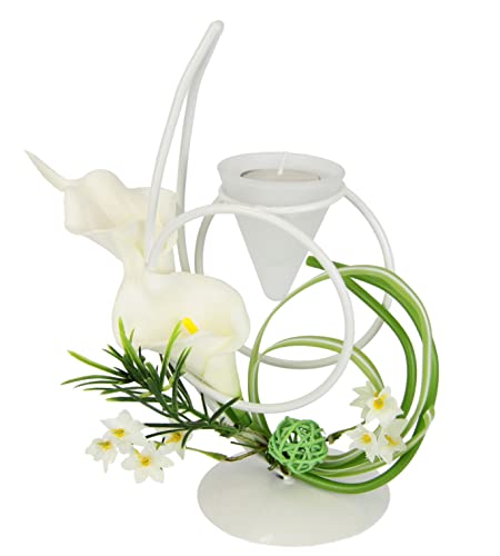 Teelichthalter mit Glaseinsatz und Teelicht-Kerze mit Blume Calla Deko-Kugel Kerzenhalter Kerzenständer Tischdeko Teelichtglas Laterne Windlicht romantische Deko Deko-Objekt Hochzeitsdeko von Flair Flower