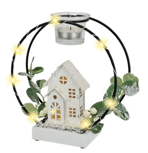 Teelichthalter mit LED-Haus & Eukalyptus Metall Glaseinsatz weiße Beeren dekorativer Kerzenhalter Weihnachten Winter Licht Lampe Weihnachtsdeko Deko Tischdeko Geschenke Dekoobjekt Ornamente 3D Bild von Flair Flower