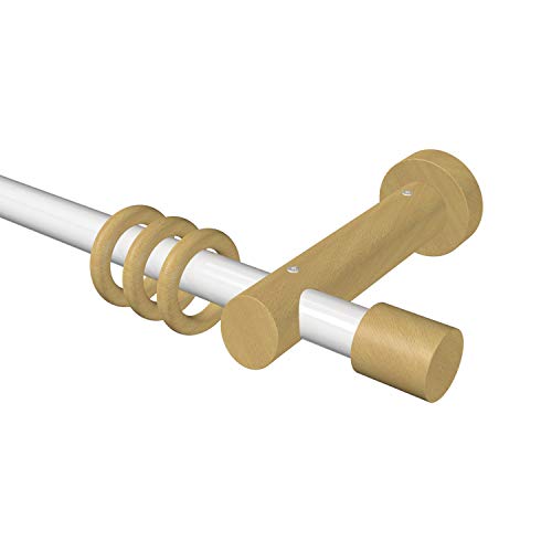 Flairdeco Gardinenstange 20 mm Ø, 1-läufig, Typ Kappe, Metall/Holz, Weiß/Buche lackiert, 400 cm (geteilt 2x200 cm) von Flairdeco