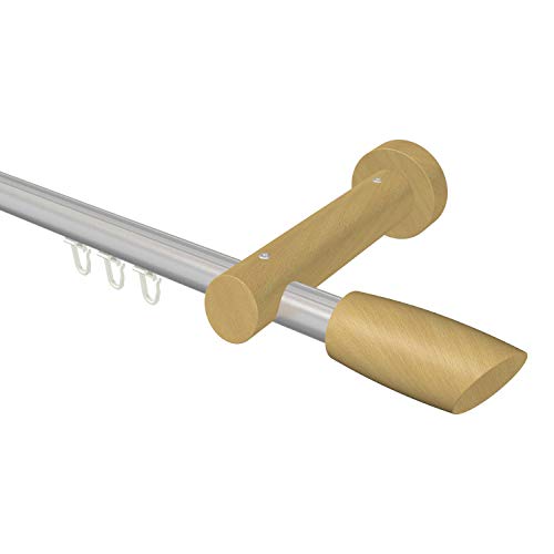 Flairdeco Innenlauf-Gardinenstange 20 mm Ø, 1-läufig, Typ Ellipse, Alu/Holz, Silber-Grau/Buche lackiert, 480 cm (geteilt 2x240 cm) von Flairdeco