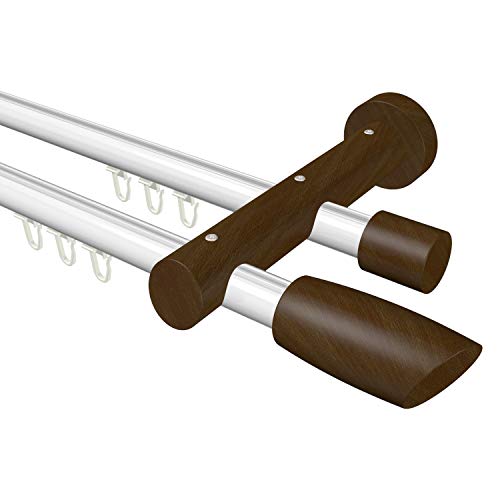 Flairdeco Innenlauf-Gardinenstange 20 mm Ø, 2-läufig, Typ Ellipse, Alu/Holz, Weiß/Nussbaum lackiert, 320 cm (geteilt 2x160 cm) von Flairdeco