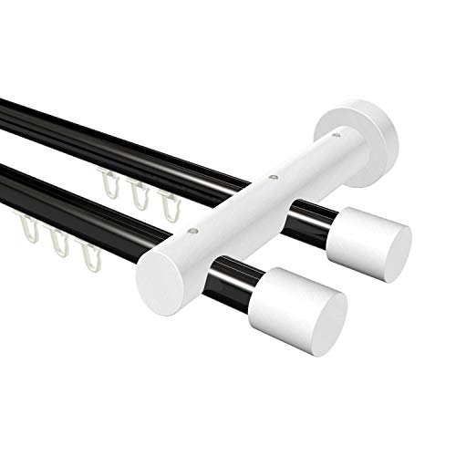 Flairdeco Innenlauf-Gardinenstange 20 mm Ø, 2-läufig, Typ Kappe, Alu/Holz, Schwarz/Weiß lackiert, 400 cm (geteilt 2x200 cm) von Flairdeco