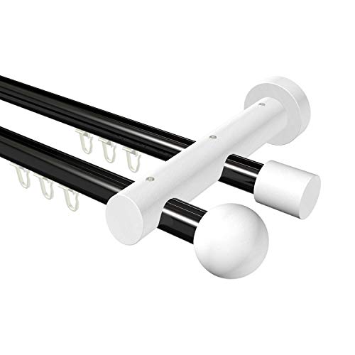 Flairdeco Innenlauf-Gardinenstange 20 mm Ø, 2-läufig, Typ Kugel, Alu/Holz, Schwarz/Weiß lackiert, 240 cm von Flairdeco