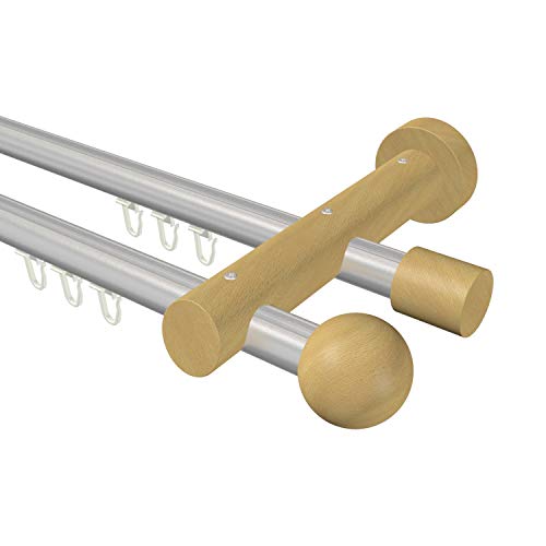Flairdeco Innenlauf-Gardinenstange 20 mm Ø, 2-läufig, Typ Kugel, Alu/Holz, Silber-Grau/Buche lackiert, 400 cm (geteilt 2x200 cm) von Flairdeco