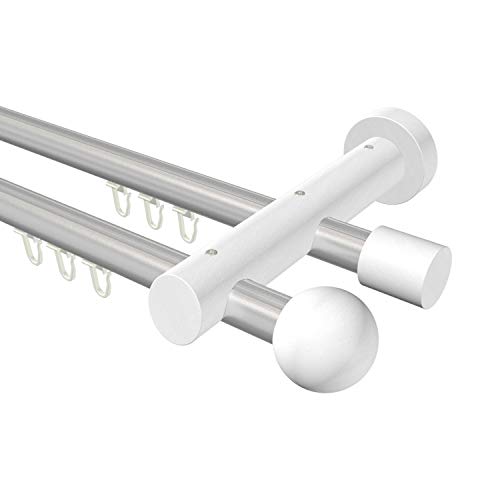 Flairdeco Innenlauf-Gardinenstange 20 mm Ø, 2-läufig, Typ Kugel, Alu/Holz, Silber-Grau/Weiß lackiert, 600 cm (geteilt 3x200 cm) von Flairdeco