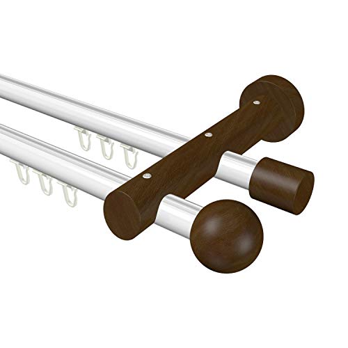 Flairdeco Innenlauf-Gardinenstange 20 mm Ø, 2-läufig, Typ Kugel, Alu/Holz, Weiß/Nussbaum lackiert, 240 cm von Flairdeco