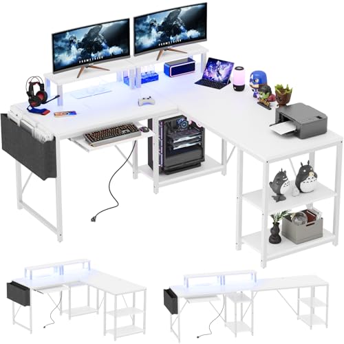 Flamaker Gaming Tisch l Form 140x140 cm - Eckschreibtisch mit RGB LED, Monitorständer & Ablagefach | 2 Steckdosen + 2 USB-Anschlüsse (Weiß) von Flamaker