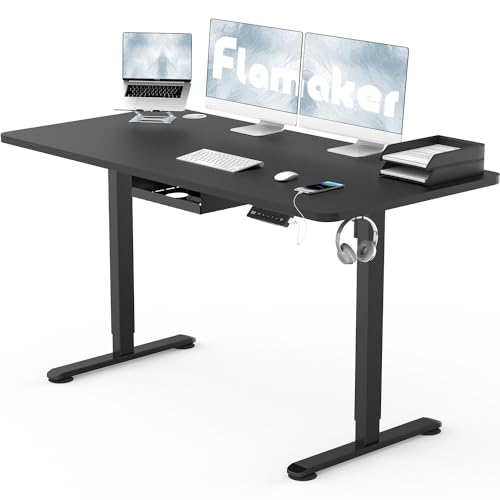 Flamaker Höhenverstellbarer Schreibtisch Ganze Tischplatte 120 x 60 cm Schreibtisch Höhenverstellbar Elektrisch mit Memory-Steuerung und Häkchen und 360° Rollen (Schwarz) von Flamaker