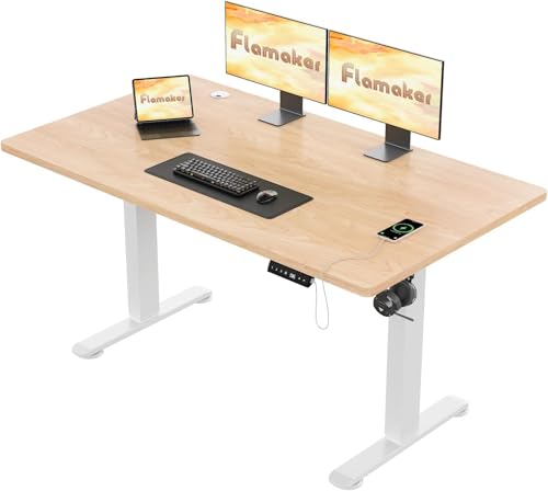 Flamaker Höhenverstellbarer Schreibtisch 140x80cm, 72-118cm Elektrischer Stehschreibtisch mit Kabelablage, Sitz-Steh-Gedächtnis-Bürotisch mit Kopfhörerhaken, Beige von Flamaker