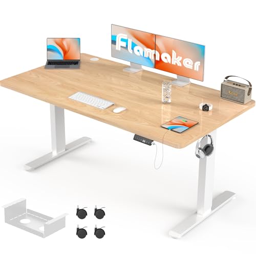 Flamaker Höhenverstellbarer Schreibtisch 160 x 80 cm Schreibtisch Höhenverstellbar Elektrisch mit Tischplatte 2-Fach-Teleskop Stufenlos mit Memory-Steuerung (Beige+Weiß, 160 x 80 cm) von Flamaker