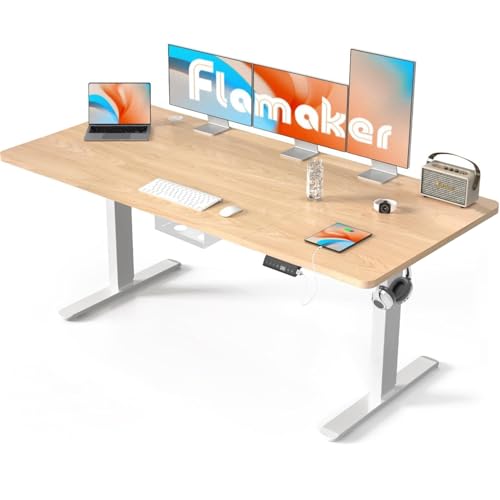Flamaker Höhenverstellbarer Schreibtisch 160 x 80 cm, Schreibtisch Höhenverstellbar Elektrisch mit Memory Funktion, Computertisch mit Kabelmanagement, Standing Desk, Stehpult, Bürotisch, Beige von Flamaker