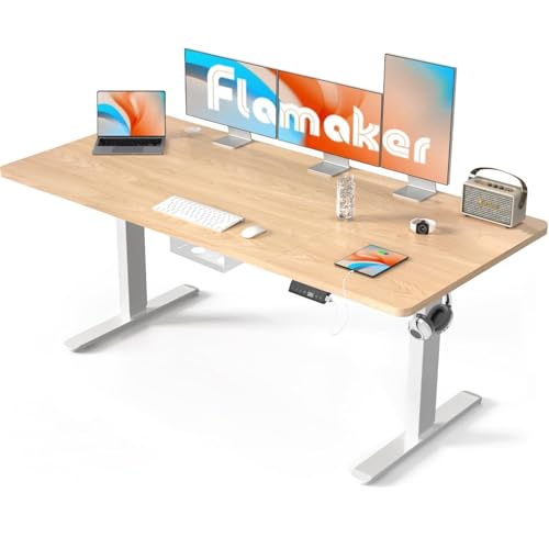 Flamaker Höhenverstellbarer Schreibtisch 160 x 80 cm Schreibtisch Höhenverstellbar Elektrisch mit Tischplatte 2-Fach-Teleskop Stufenlos mit Memory-Steuerung (Beige+Weiß, 160 x 80 cm) von Flamaker