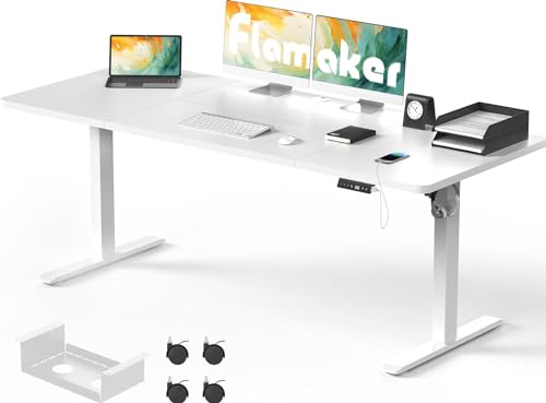 Flamaker Höhenverstellbarer Schreibtisch 160X80 cm Stabiler und Wackelfreier Schreibtisch Höhenverstellbarer Elektrischer Schreibtisch mit USB-Ladeanschluss Stehpult mit Rollen (Weiß) von Flamaker