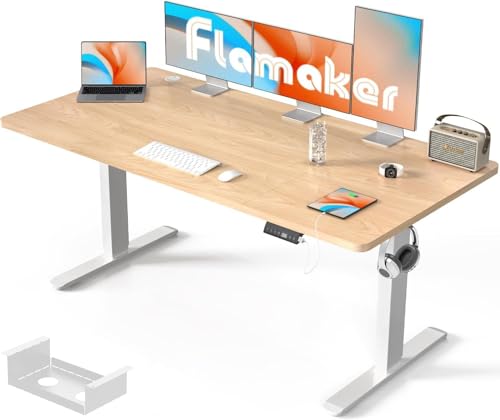 Flamaker Höhenverstellbarer Schreibtisch 180 x 80 cm, Schreibtisch Höhenverstellbar Elektrisch mit Memory Funktion, Computertisch mit Kabelmanagement, Standing Desk, Stehpult, Bürotisch, Beige von Flamaker