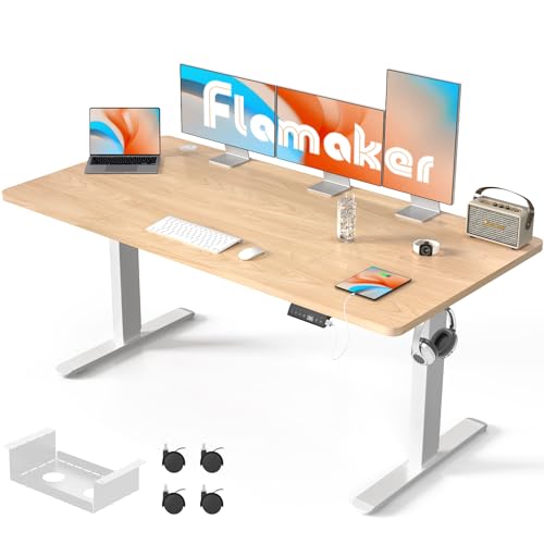 Flamaker Höhenverstellbarer Schreibtisch 180 x 80 cm mit Ladebuchsen Schreibtisch Höhenverstellbar Elektrisch Groß Schreibtisch mit Memory-Steuerung, Rollen (Beige-weiß) von Flamaker