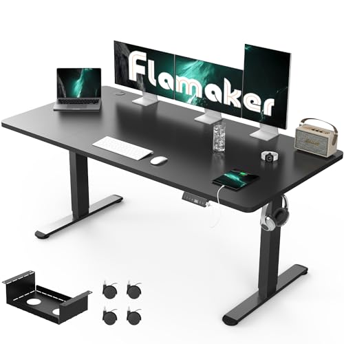 Flamaker Höhenverstellbarer Schreibtisch 180 x 80 cm mit Ladebuchsen Schreibtisch Höhenverstellbar Elektrisch Groß Schreibtisch mit Memory-Steuerung, Rollen (Schwarz) von Flamaker