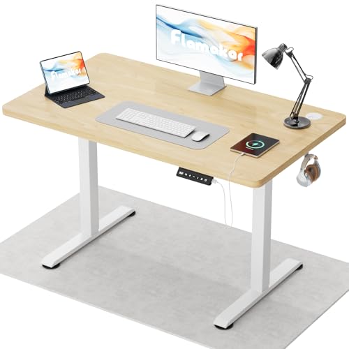 Flamaker Höhenverstellbarer Schreibtisch Ganze Tischplatte 110 x 53 cm Elektrischer Schreibtisch Höhenverstellbar für Steh-Sitz, Computertisch mit Memory-Funktion,Standing Desk,Beige von Flamaker