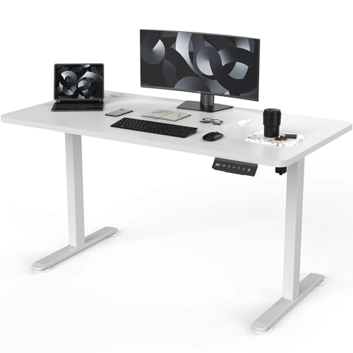 Flamaker Höhenverstellbarer Schreibtisch Ganze Tischplatte 120 x 60 cm Schreibtisch Höhenverstellbar Elektrisch mit Memory-Steuerung und Häkchen und 360° Rollen (Weiß) von Flamaker