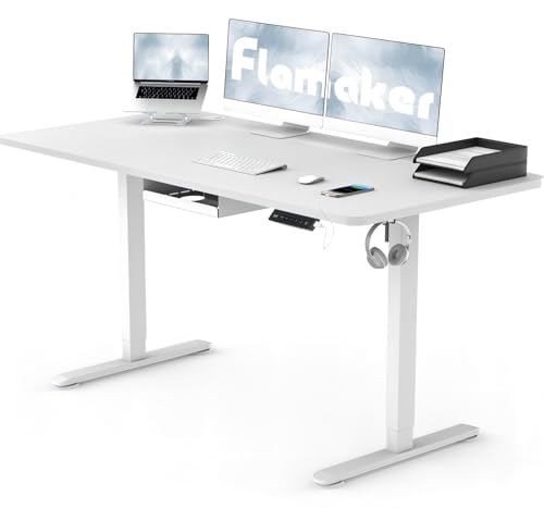 Flamaker Höhenverstellbarer Schreibtisch Ganze Tischplatte 120 x 60 cm Schreibtisch Höhenverstellbar Elektrisch mit Memory-Steuerun,USB-Aufladung (Weiß) von Flamaker