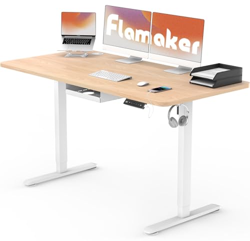 Flamaker Höhenverstellbarer Schreibtisch Ganze Tischplatte 120 x 60 cm Schreibtisch Höhenverstellbar Elektrisch mit Memory-Steuerung und Häkchen und (Beige) von Flamaker
