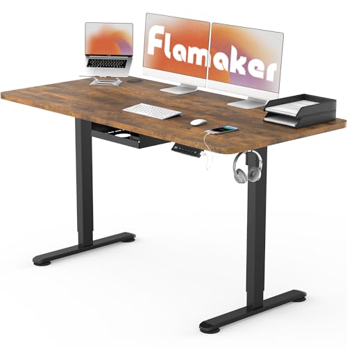 Flamaker Höhenverstellbarer Schreibtisch Ganze Tischplatte 120 x 60 cm Schreibtisch Höhenverstellbar Elektrisch mit Memory-Steuerung und Häkchen und 360° Rollen (Vintage Braun) von Flamaker