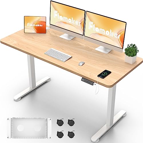 Flamaker Höhenverstellbarer Schreibtisch Ganze Tischplatte 140 x 60 cm Schreibtisch Höhenverstellbar Elektrisch mit Memory-Steuerung un Sitzende Erinnerung und USB-Aufladung (Beige+Weiß) von Flamaker
