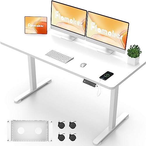 Flamaker Höhenverstellbarer Schreibtisch Ganze Tischplatte 140 x 60 cm Schreibtisch Höhenverstellbar Elektrisch mit Memory-Steuerung un Sitzende Erinnerung und USB-Aufladung (Weiß) von Flamaker