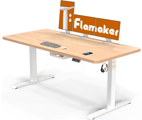 Flamaker 3-Fach Schreibtisch Höhenverstellbar Elektrisch 160 x 80 Höhenverstellbarer Schreibtisch 74-133cm mit Memory-Steuerung, USB-Buchse, Rollen, Häkche (Beige+Weiß) von Flamaker