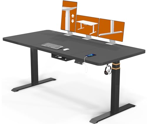 Flamaker 3-Fach Schreibtisch Höhenverstellbar Elektrisch 180 x 80 Höhenverstellbarer Schreibtisch Tischgestell 74-133cm mit Memory-Steuerung, USB-Buchse, Rollen, Häkche (Schwarz) von Flamaker