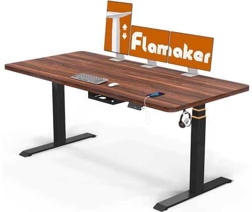Flamaker 3-Fach Schreibtisch Höhenverstellbar Elektrisch 180 x 80 Höhenverstellbarer Schreibtisch Tischgestell 74-133cm mit Memory-Steuerung, USB-Buchse (Walnuss+Schwarz) von Flamaker