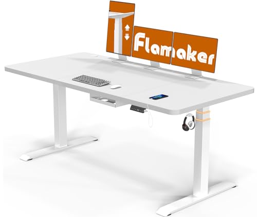 Flamaker 3-Fach Schreibtisch Höhenverstellbar Elektrisch 180 x 80 Höhenverstellbarer Schreibtisch Tischgestell 74-133cm mit Memory-Steuerung, USB-Buchse, Rollen, Häkche (Weiß) von Flamaker