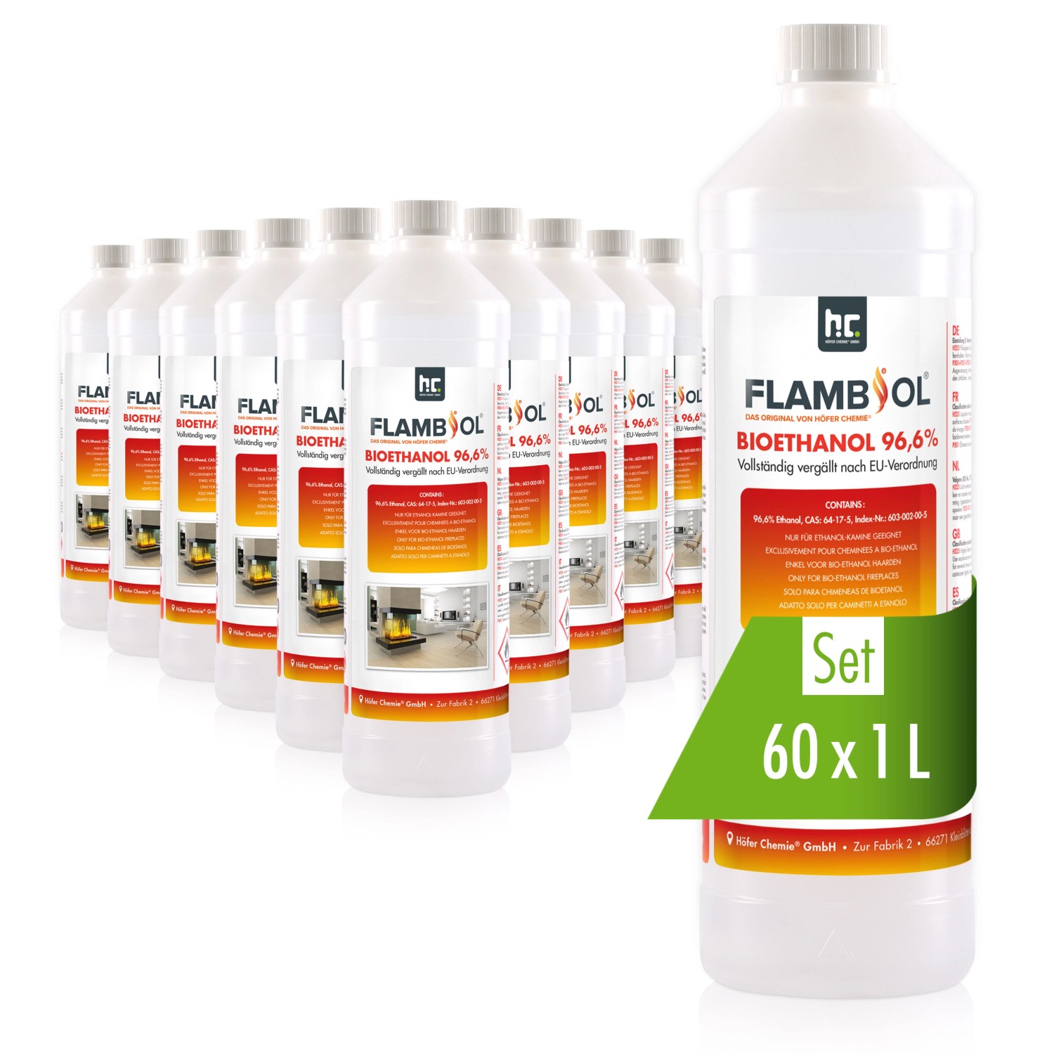 Flambiol Bioethanol 96,6% Premium für Ethanol-Tischkamin in Flaschen 60 x 1l von Flambiol