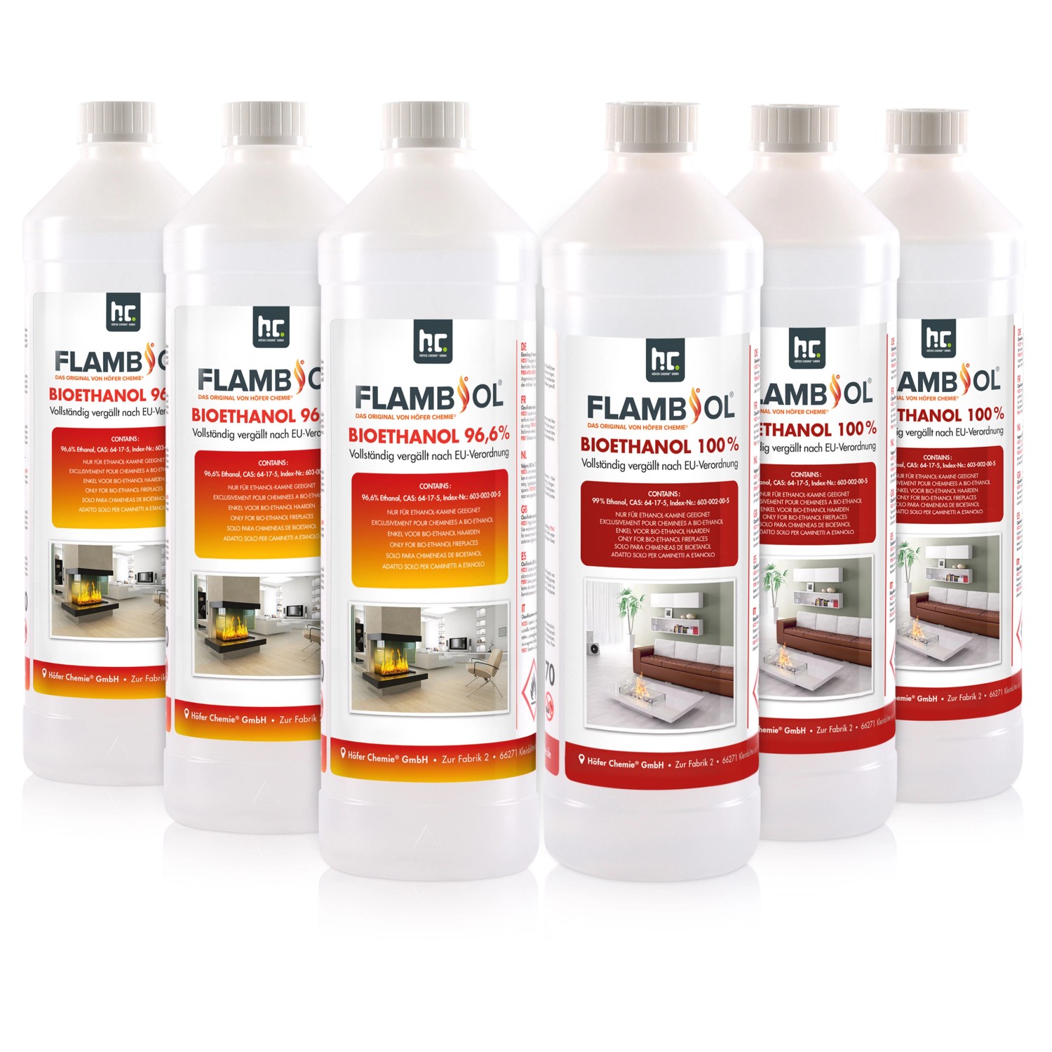 Flambiol Probierset 3 x 1l Bioethanol 96,6% & 3 x 1l Bioethanol 100% von Flambiol