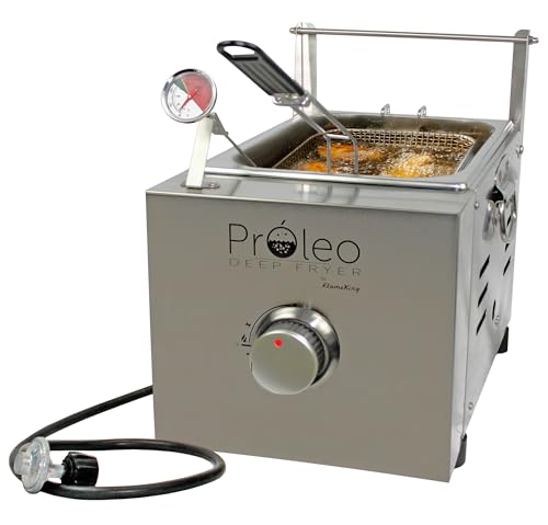 Flame King Proleo Tisch-Propan-Fritteuse mit Ölthermometer, 2,5 Gallonen Kapazität, mit 1,5 m Propan-Reglerschlauch von Flame King