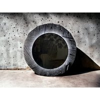 Altholz Spiegel Rund Badspiegel Treibholz Rustikal Mit Beleuchtung Schwarz von FlamedinteriorMunich